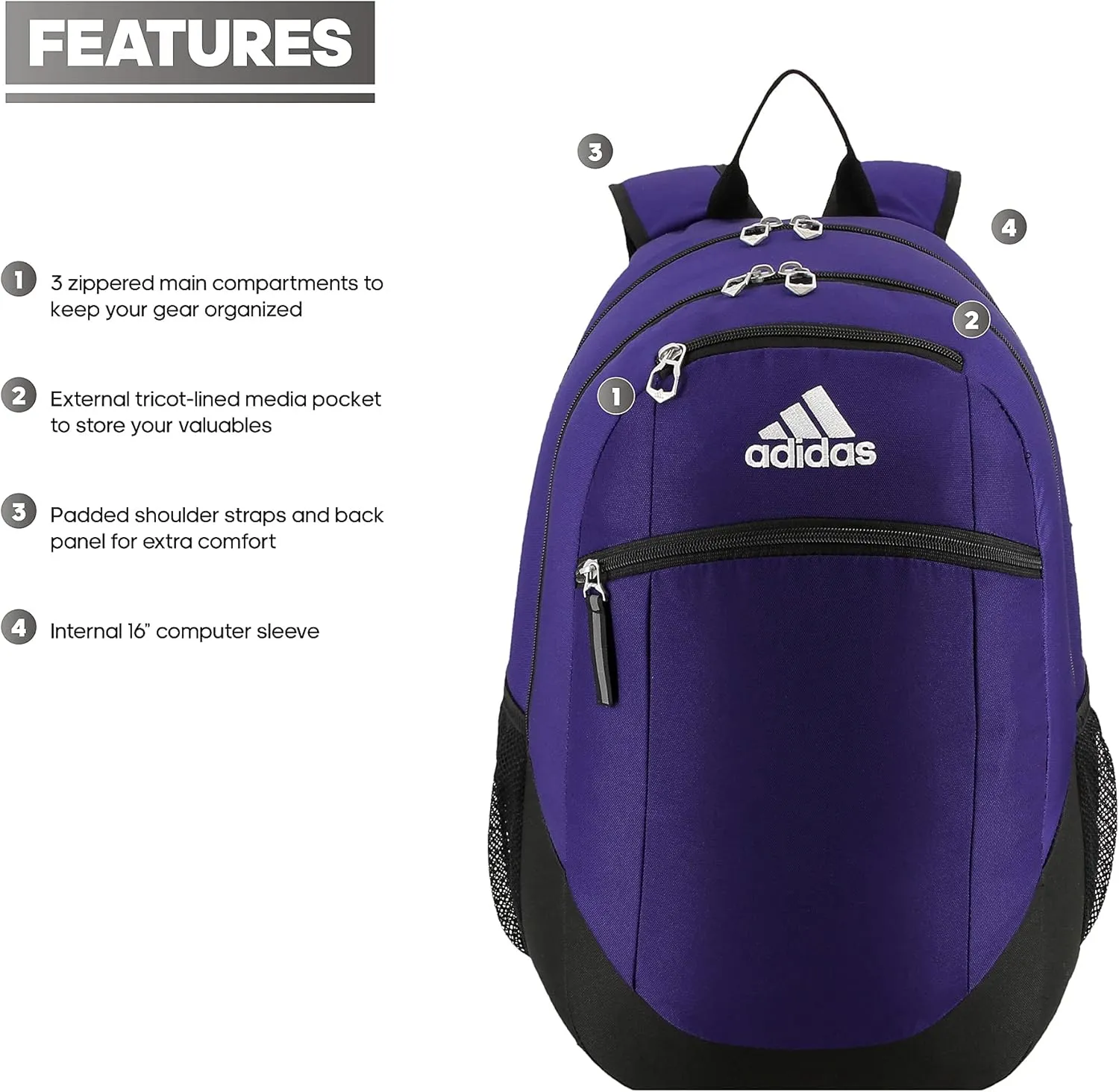 adidas Striker Sports Backpack Durable Athletic Gym Laptop Bag, Team Collegiate Purple/Black/White, One Size