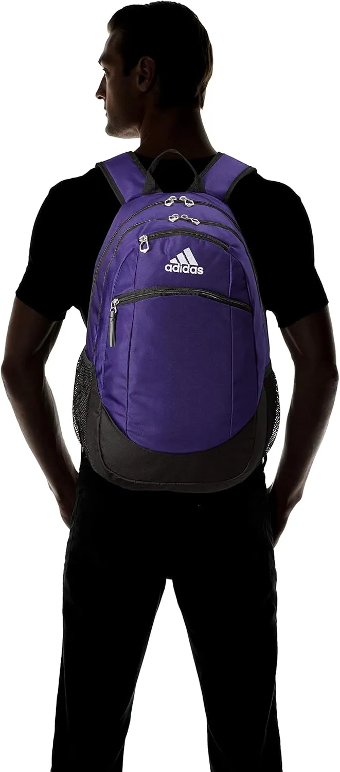 adidas Striker Sports Backpack Durable Athletic Gym Laptop Bag, Team Collegiate Purple/Black/White, One Size
