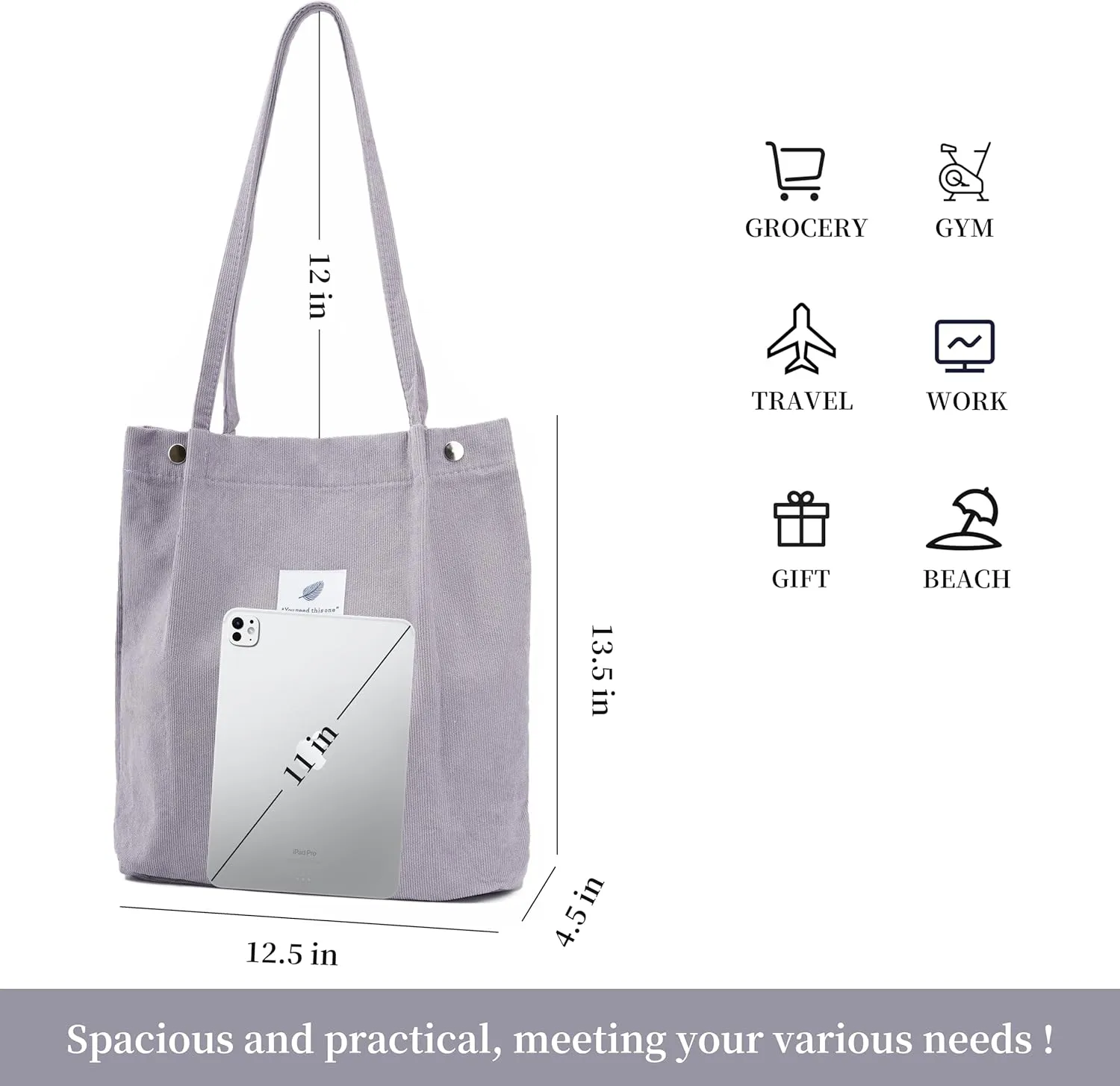 Corduroy Tote Bag Cute Tote Bags for Women Shoulder Bag with Inner Pocket for Work Beach Travel and Shopping Grocery
