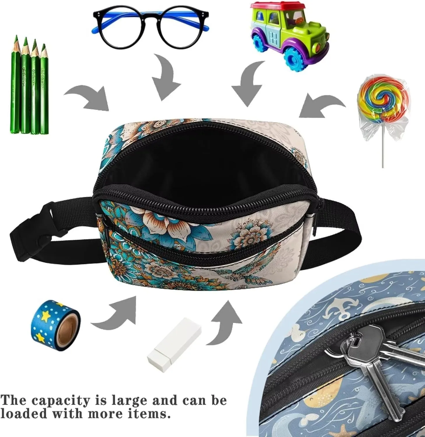 FOR U DESIGNS Boho Fanny Pack for Girls Small Crossbody Bag Flower Hummingbird Print Belt Bag Fashion Waist Packs with Adjustable Strap