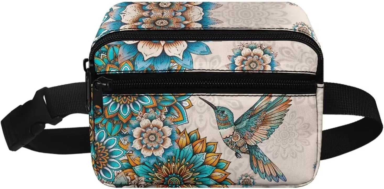 FOR U DESIGNS Boho Fanny Pack for Girls Small Crossbody Bag Flower Hummingbird Print Belt Bag Fashion Waist Packs with Adjustable Strap