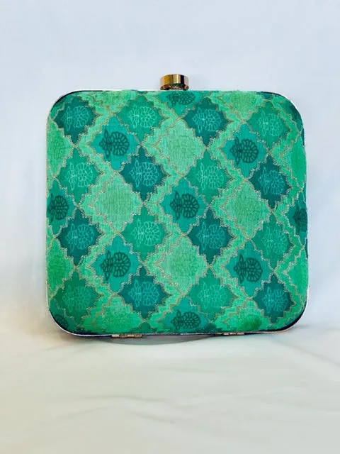 Silk Embroidery Square Clutch With Both Side Same Design And Sling Chain Included