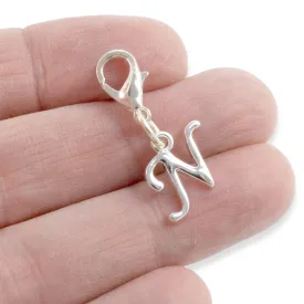 Silver Letter "N" Clip On Charm, Cursive Script Initial Dangle   Lobster Clasp