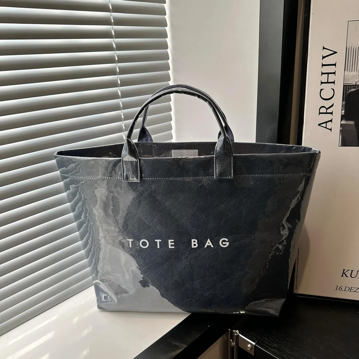 Tote Bag for Women,Large Work Tote Bag Clear Plastic Handbag PVC Letter Printed Bag Kraft Paper Hobo Bag with Handle