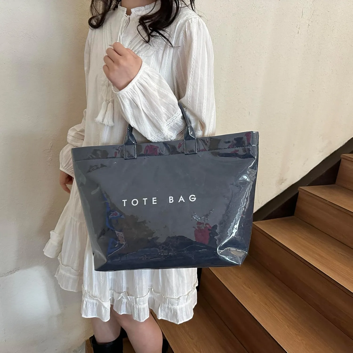 Tote Bag for Women,Large Work Tote Bag Clear Plastic Handbag PVC Letter Printed Bag Kraft Paper Hobo Bag with Handle