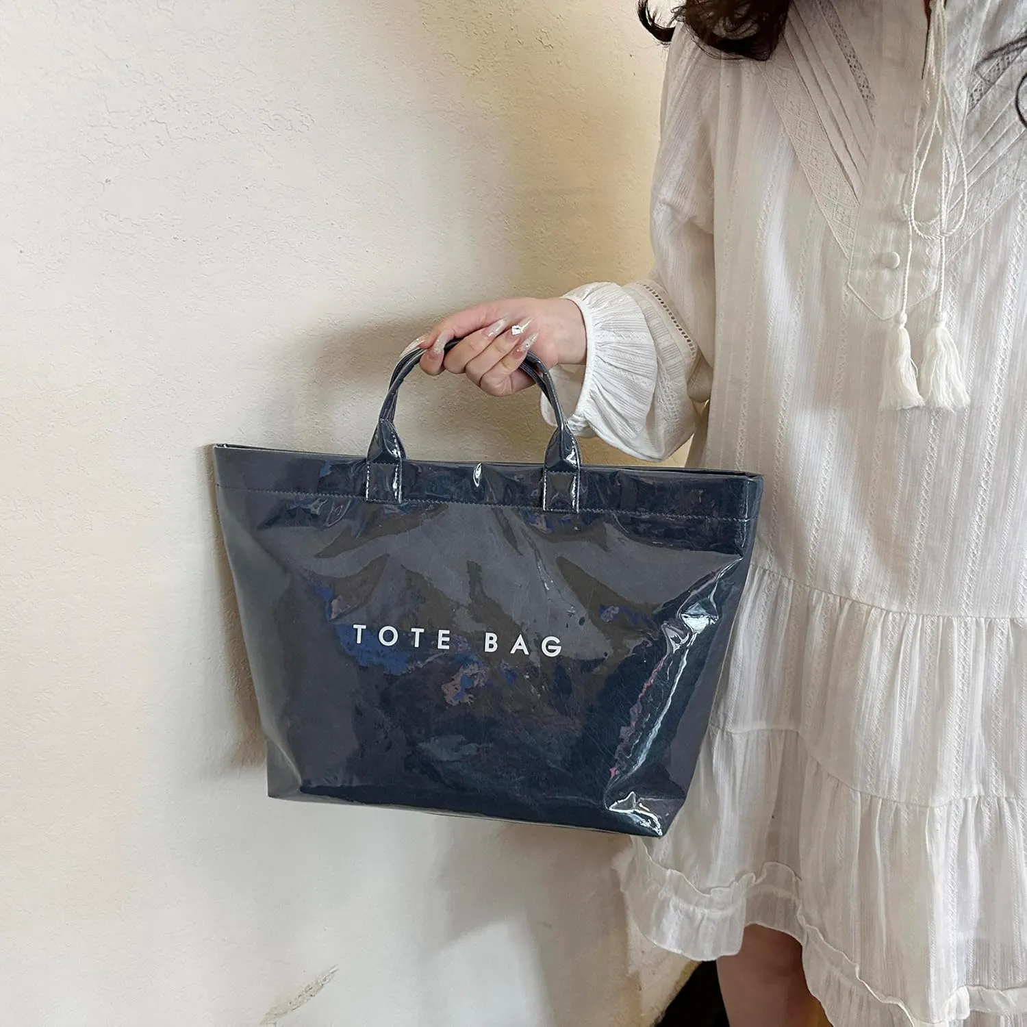 Tote Bag for Women,Large Work Tote Bag Clear Plastic Handbag PVC Letter Printed Bag Kraft Paper Hobo Bag with Handle