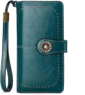 Women's Genuine Leather Wallet Clutch with Strap 24 Card Slots 2 ID Windows Cash Compartments 1 Zipper Pocket Credit Card Holder RFID Blocking Gift Box Included (Blue-1)
