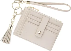 Wristlet Keychain Wallet for Women Slim Rfid Blocking Credit Card Holder Wristlet Zip Id Case Wallet Small Compact Leather Wallet Coin Purse for Women (Beige)