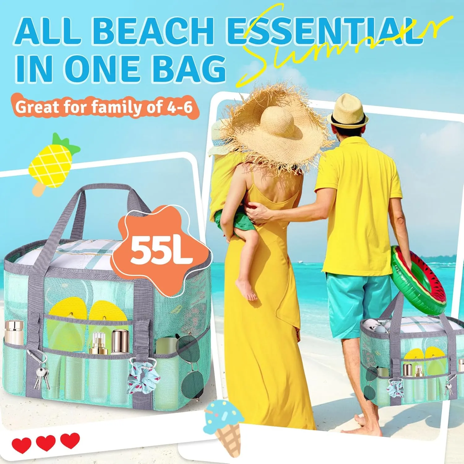 XX-Large Mesh Beach Bag Tote - 9 Pockets for Family Travel/Vacation & Beach Essentials, Foldable & Lightwiht